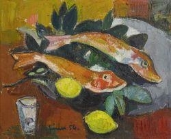 Fish still life with lemons and glass by Carl Walter Liner, 1956