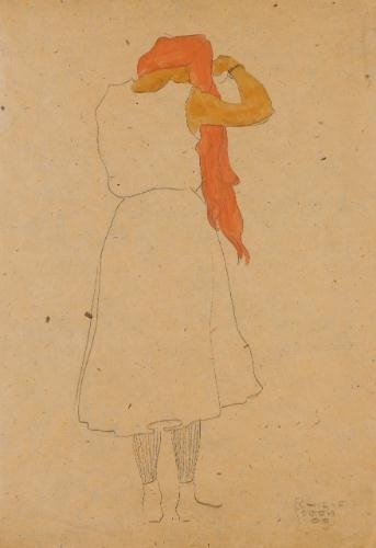 Stehende, sich die langen roten Haare kämmend, in Rückenansicht (Standing woman combing her long red hair, back view) by Egon Schiele, 1909