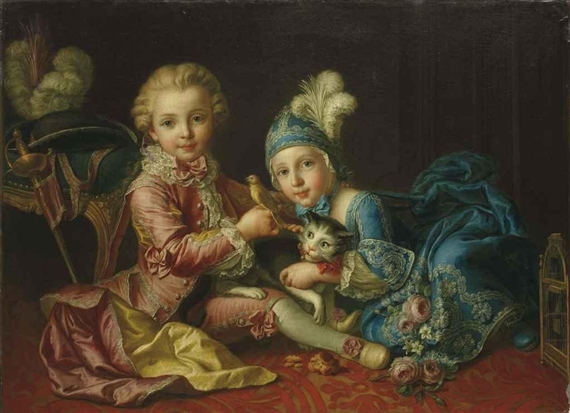 Francois Hubert Drouais Portrait De Deux Enfants Jouant Avec Un Chat Et Un Canari Mutualart