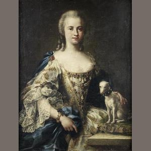 Artwork by Sebastiano Ceccarini, Portrait of a lady, half-length, in an white embroidered dress and a blue sash, standing beside her dog, Made of Oil on canvas