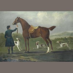 A huntsman with his horse and three hounds, in an open landscape - Richard Roper