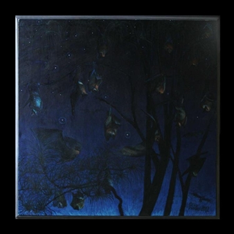 A nocturnal scene of hanging creatures in a dark, starry forest.