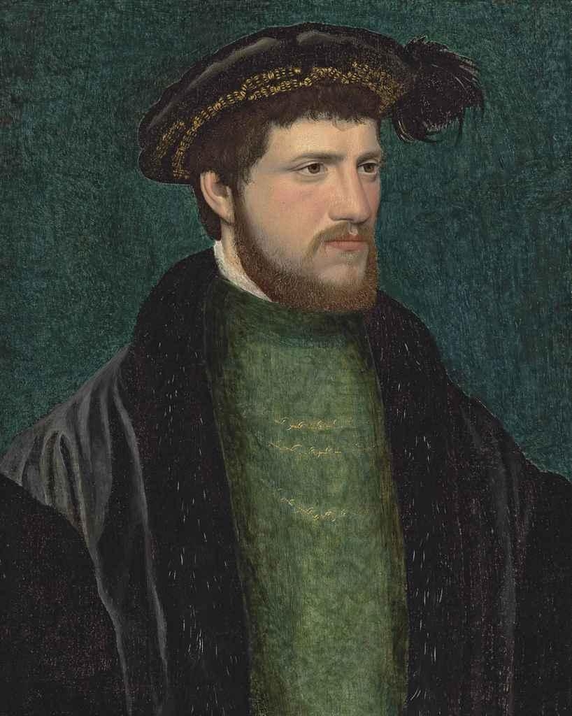 Portrait of a man, half-length, in green with a black, fur-lined cloak and black hat with a feather by Jean Clouet