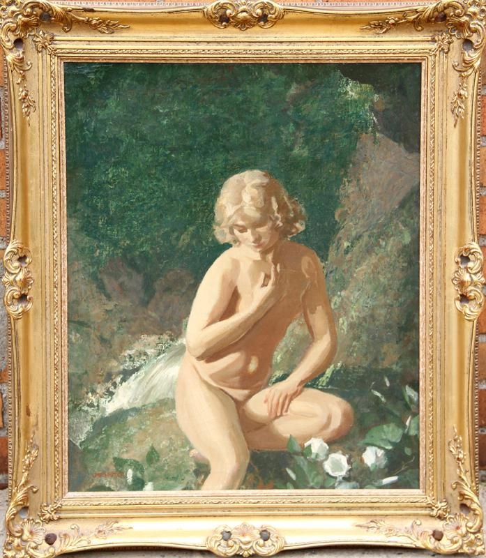 Artwork by John Bulloch Souter, Seated Nude by Waterfall, Made of Oil on Canvas