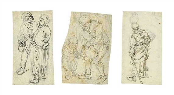 A group of figure studies: Two peasants drinking; A traveller with a staff and a bundle on her back; Three peasants resting on a bench; A couple greeting an old woman; and A man helping a child to wash his hands by Isack van Ostade
