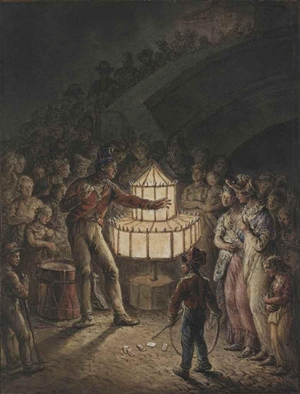 A street performer with a magic lantern surrounded by a fascinated crowd