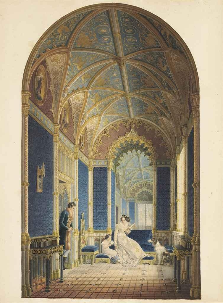 Artwork by Auguste Garnerey, An elegant family in a Neo-Gothic interior, Made of black chalk, watercolour, bodycolour, inscribed in an arch