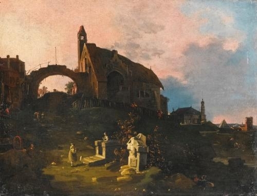 A capriccio view of a town, a pyramid in the distance and figures on a path in the foreground by Canaletto