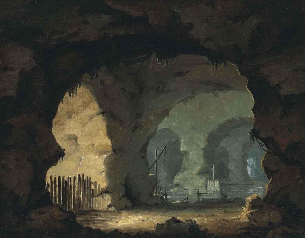 A sea cave interior with figures and boats by William Hodges