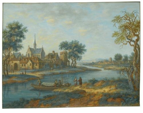 View of a town beside a river with a boat and figures in the foreground by German School, 18th Century
