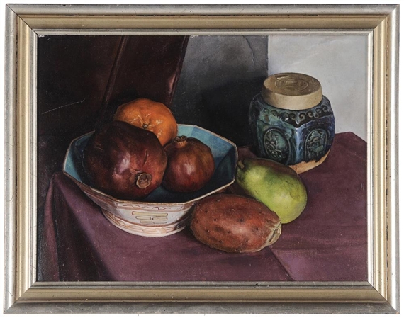Pear, Pear Cactus and Pomegranates with Asian Ceramics by Luigi Lucioni, 1932