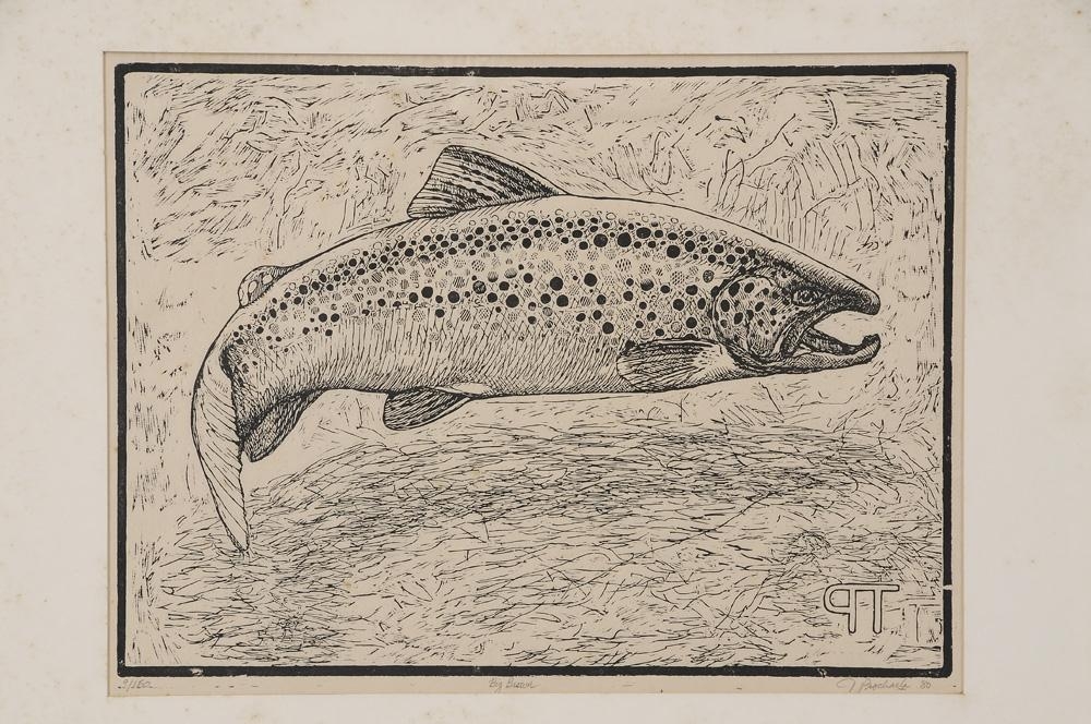 Artwork by T. Prochacla, Big Brown (trout), Made of wood block on paper