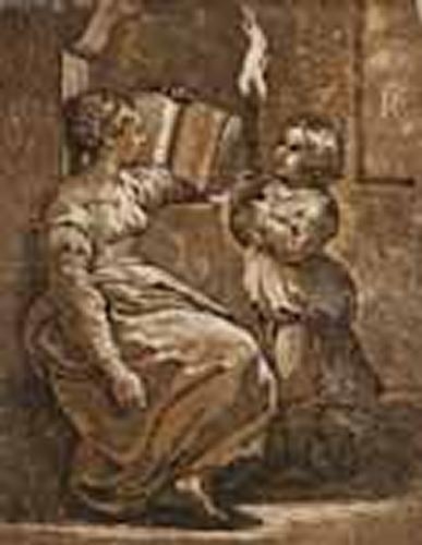 A Sibyl with a child holding a torch by Ugo Da Carpi, 1510 -1530