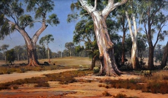 A pastoral landscape painting featuring large gum trees, grazing sheep, and a dry Australian outback setting.