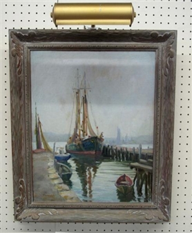 A framed maritime painting depicting a harbor scene with masted vessels and calm water.