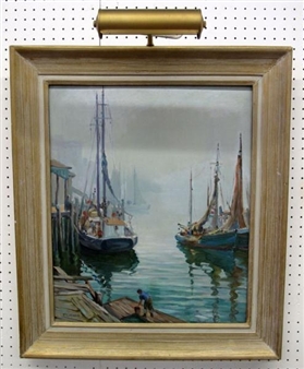 A framed painting of a harbor scene with boats docked at a pier under an overcast sky.