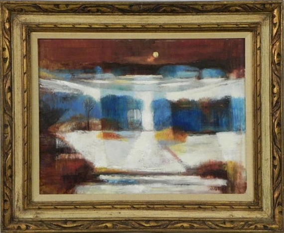 A framed abstract landscape painting featuring a snowy scene with bold blue and white tones.