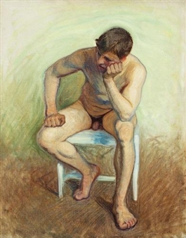 Seated nude on white chair - Eugène Jansson
