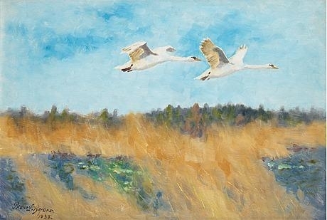 Flying swans by Bruno Liljefors, 1938