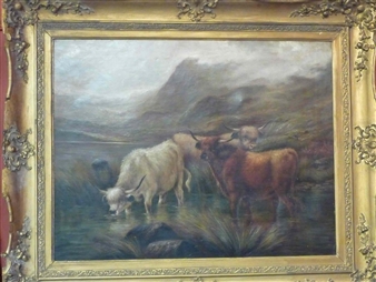 Highland cattle in a Scottish landscape - John Henry