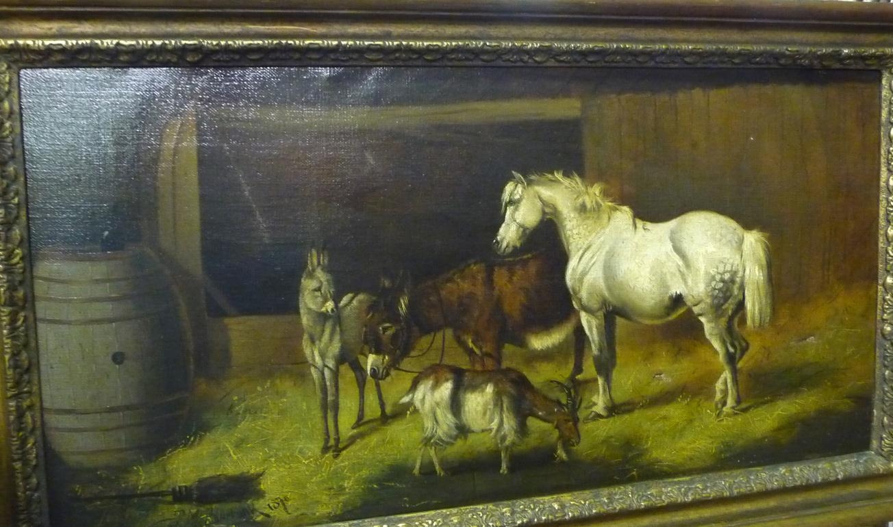 J.M. Burbank Stable interior with a pony, donkey and goat (1870