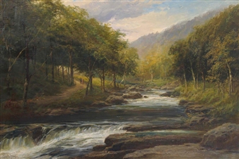 A river landscape with figures on a woodland path - George Henry Jenkins