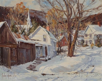 A winter village scene with snow-covered houses and bare trees under a soft sky.
