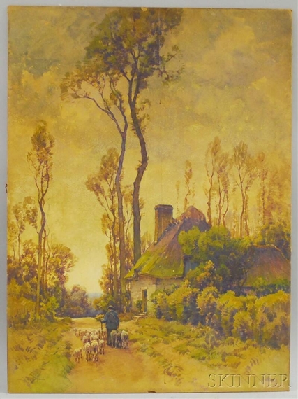 Man with Sheep Walking Down a Country Lane by Hezekiah Anthony Dyer