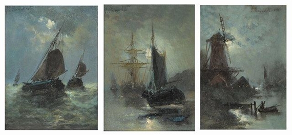 Moonlit Marine I, Moonlit Marine II and Moonlit Windmill by Edward Moerenhout