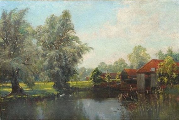 River landscape with boat yard by Robert Scott Temple
