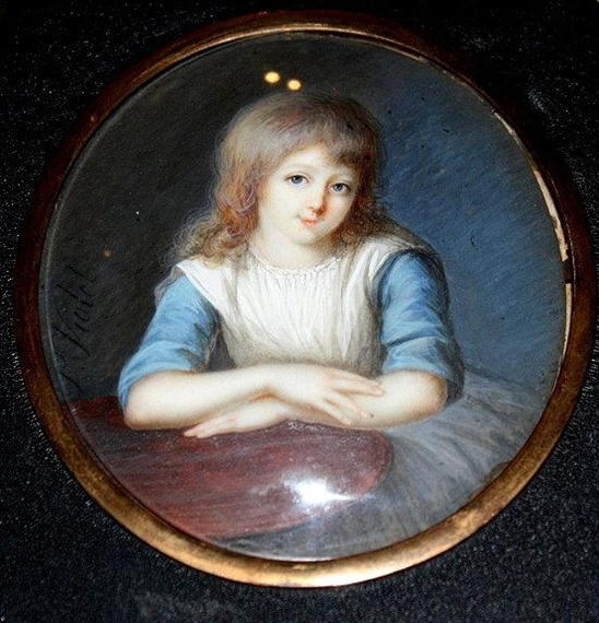 Portrait of a young girl with long hair wearing pleated frock and with arms crossed at a table by P. Violet
