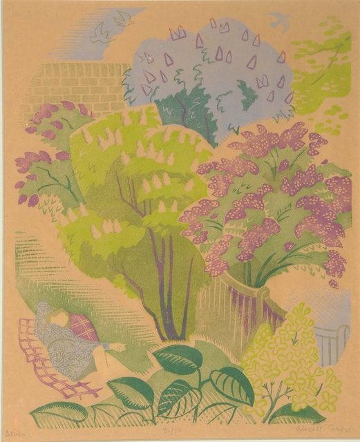 Artwork by Alice M. Coats, Lilacs, Made of linocut