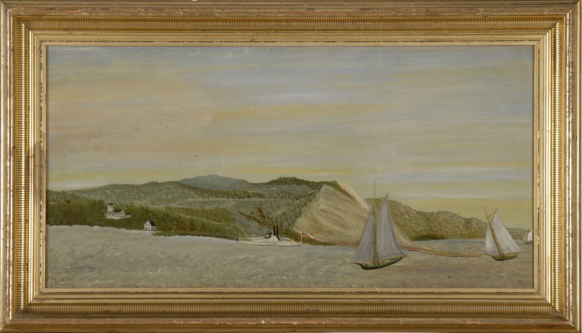 Artwork by Clinton W. Clapp, Primitive Hudson River view depicting numerous sailboats and a side-wheeler on the Hudson River, Made of Oil on paper
