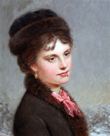 Portrait of a lady wearing a fur trimmed hat by Joshua Hargrave Samms Mann