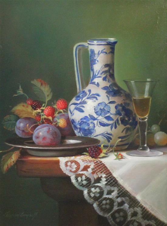 Raymond Campbell | Still life of a Delft flagon, fruit and wine glass ...