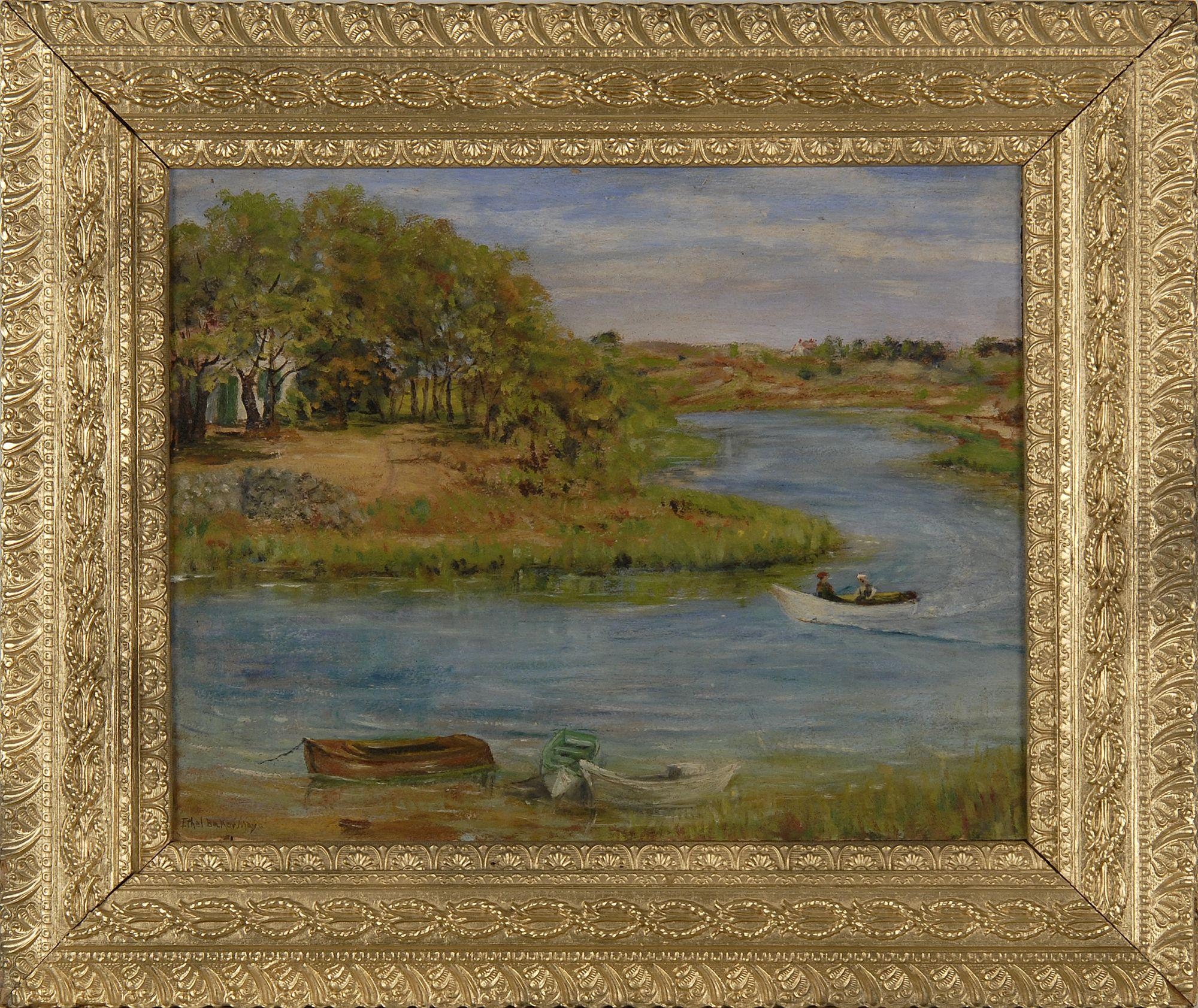 Artwork by Ethel Baker Mayo, Orleans river scene, Made of Oil on board