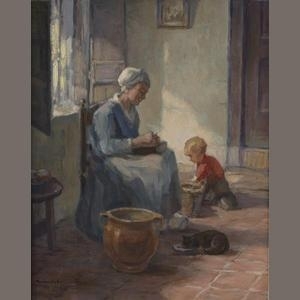 A mother and child knitting by Willem Frederik Noordijk