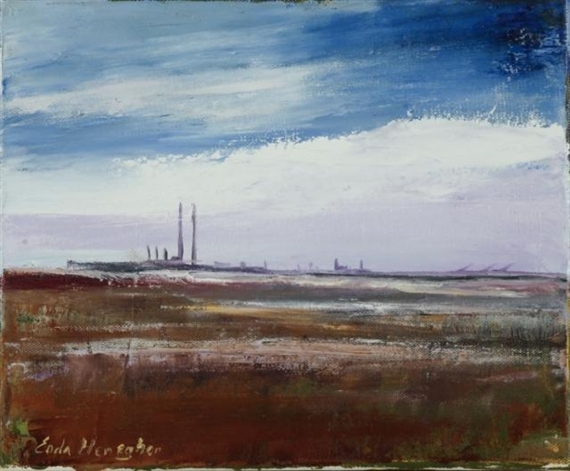 A moody landscape painting of an industrial horizon under a vast sky.
