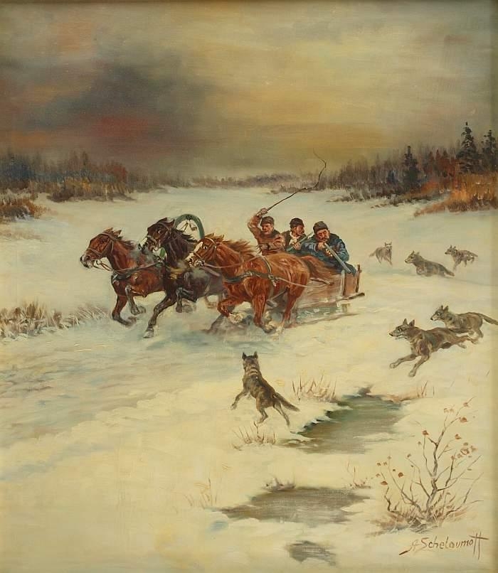 Wolfsjagd mit Troika in weiter Winterlandschaft by Athanas Ivanovich Scheloumoff