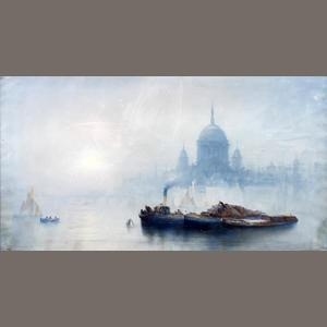 Artwork by John Holden, Barges on the Thames, a capriccio, Made of coloured chalks