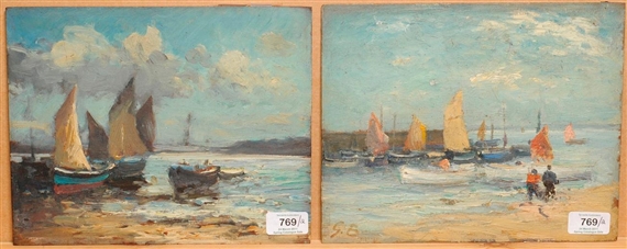 2 works: Fishing boats in a harbour with figures on a beach; Fishing boats on a beach at low tide by George A. Boyle
