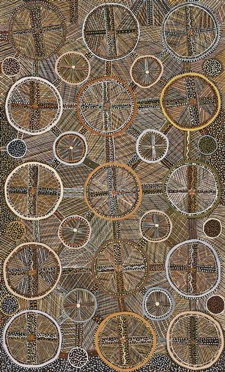 Artwork by Marie Puantujimi, Kulama-Yam, Made of natural earth pigments on canvas