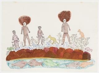 A whimsical watercolor illustration of four figures carrying woven baskets, standing on a rocky riverbank with animals and fish below.