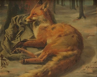 Fox lying in the winter woods - K. Wurm