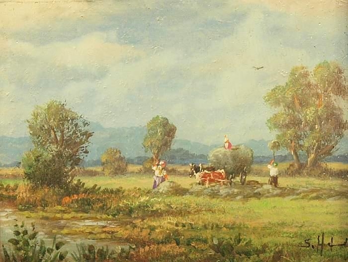 Artwork by Siegfried Hafeneder, Hay with cow and horse, Made of Oil on panel