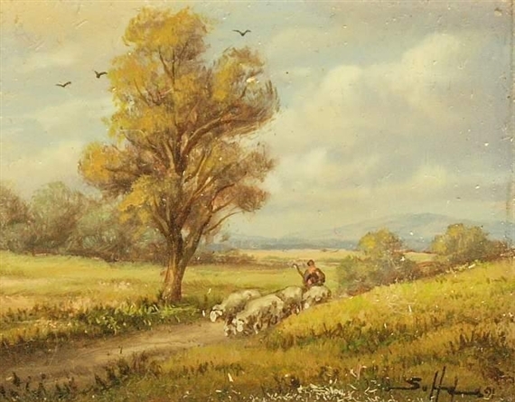 Shepherd with his flock in a wide landscape by Siegfried Hafeneder