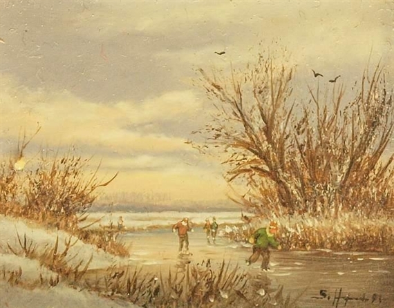 Winter landscape with skaters at dusk by Siegfried Hafeneder