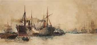 A hazy maritime scene featuring multiple sailing vessels on a calm body of water.