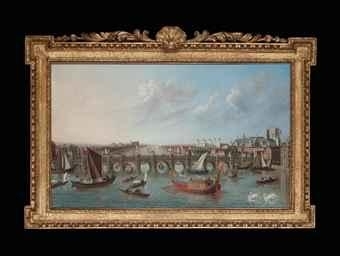 View of the Thames and Westminster Abbey, with the royal barge of King George II by Canaletto