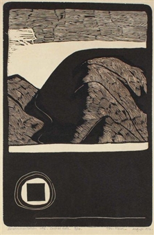 A stark woodcut-style print featuring a dark, shadowed landscape with a geometric symbol in the foreground.